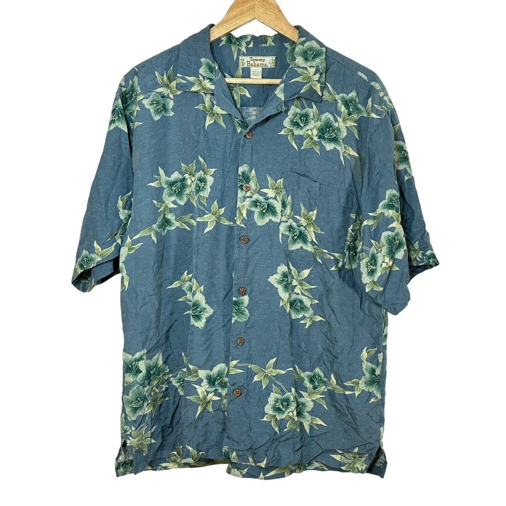 Tommy Bahama Silk Button Up Shirt Womens L Blue Floral Tropical Camp Aloha